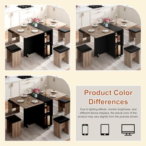 5 PCS Farmhouse Dining Table Set for 4,60" Large Folding Dining Table Se...