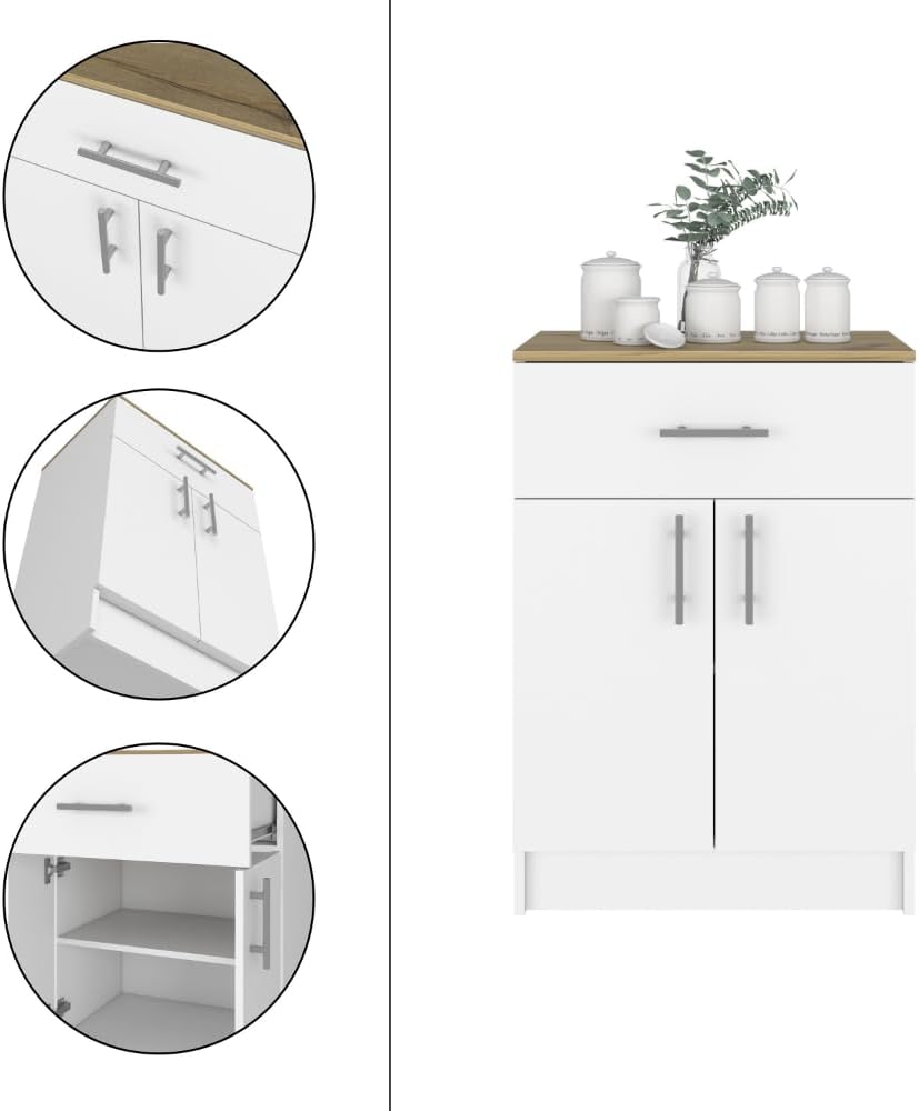 2 Piece Kitchen Set with Island and Pantry Cabinet in White and Light Oak | I...