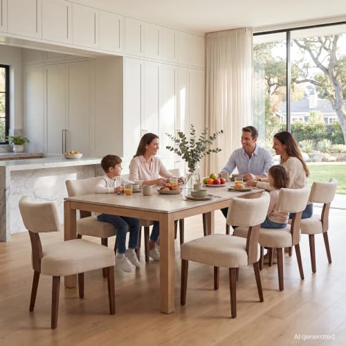 RIVOVA Wooden Dining Chairs Set of 6, Upholstered Kitchen Side Chair, Beige