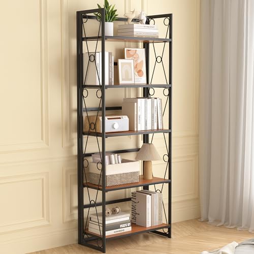 VECELO Folding Bookshelf, 5 Shelf Bookcase No Assembly, Industrial Metal Fram...