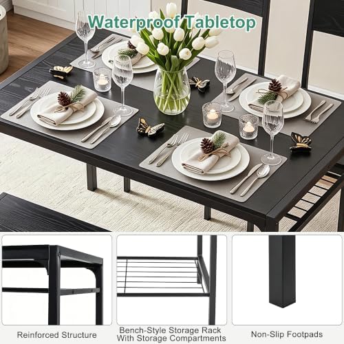 VECELO Kitchen Dining Room Table with 2 Chairs & Bench, Compact Space-Sav...