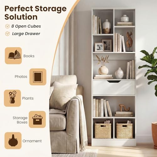 Tangkula 61” Tall Open Bookcase with Drawer, 8-Cube Display Storage Cabinet O...