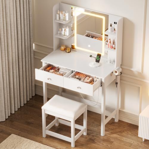 Vanity Desk with LED Mirror, 3 Lighting Modes and Chair | Small Makeup Vanity...