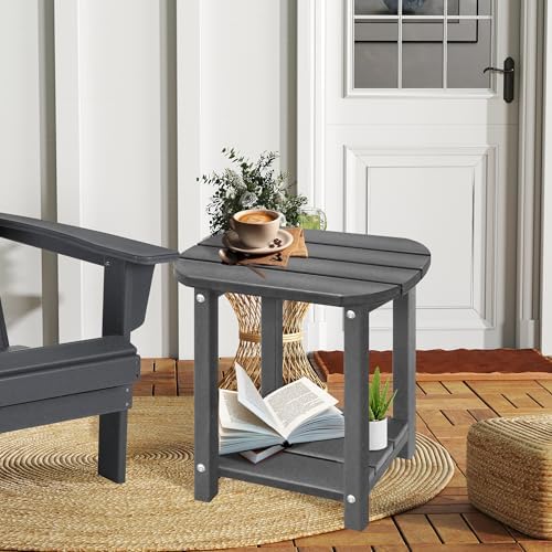 LZRS 2-Tier Patio Side Table, Heavy Duty HDPE Outdoor End Table with Wood Tex...