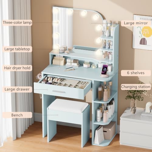 Small Vanity Desk with Mirror and Lights, 26.4" W Girls Vanity Set with ...