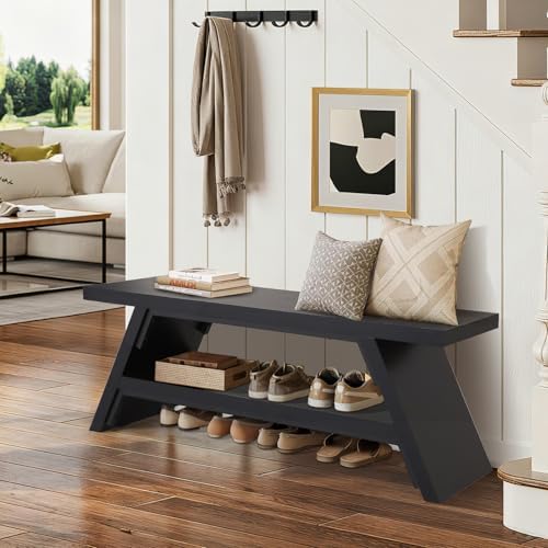 2-Tier Shoe Storage Bench, 47" Solid Wood Entryway Stool Storage | Narro...