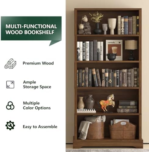 TVU 5 Tiers Wooden Bookshelf, 65.2" Tall Farmhouse Style Open Bookcase, ...