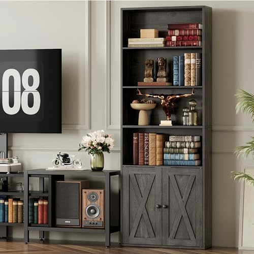 IRONCK Tall Bookshelf 70 in, Bookcases with Doors, Set of 2, Charcoal Grey