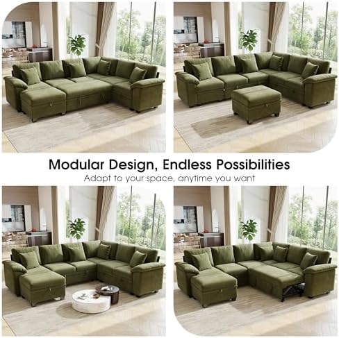 107.8" Modular Sectional Sleeper Sofa with Pull Out Bed, U Shaped 7 Seat...