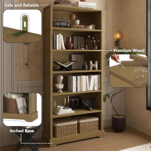 TVU 6 Tiers Wooden Bookshelf, 77.2" Tall Farmhouse Style Open Bookcase, ...