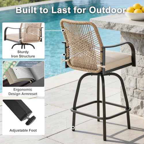 Outdoor Wicker Bar Stools Set of 2, Patio Bar Swivel Chairs
