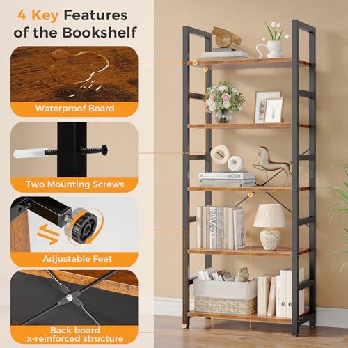 DUMOS 5-Tier Bookshelf, Modern Tall Bookcase Book Shelf Storage Organizer