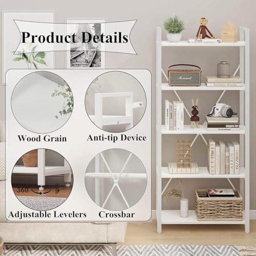 FATORRI 5 Tier Bookshelf, Metal and Wood Bookcase, Etagere Book Shelf for Dis...