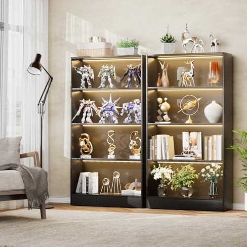 CODACE Tall Wooden 4-Tier Black Bookshelf - Display Cabinet with LED Lights