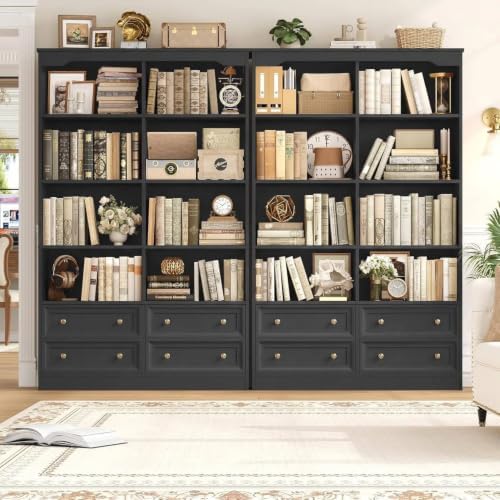 FINETONES 71" Tall Bookshelf with 4 Drawers Black Bookshelf Office Bookcase