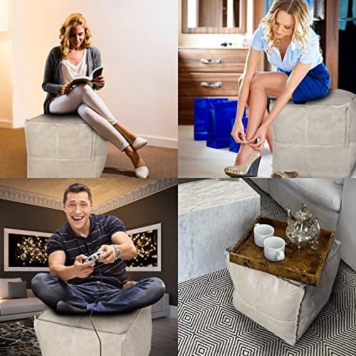 Louis Donné 17.7 Inch Unstuffed Square Pouf Ottoman Cover, Handmade Faux PU L...