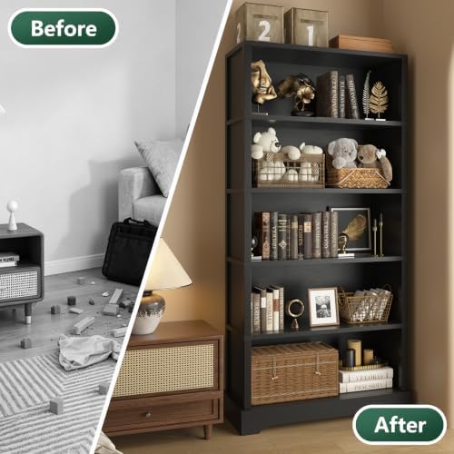 TVU 5 Tiers Wooden Bookshelf, 65.2" Tall Farmhouse Style Open Bookcase, ...