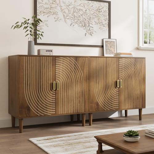 Smuxee Walnut Sideboard Cabinet, Freestanding Buffet Cabinet with Line Groove...