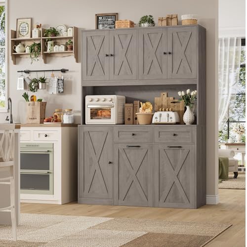 HOSTACK 71" Kitchen Pantry with 12.5 Gallon Double Trash Can Cabinet, Gr...