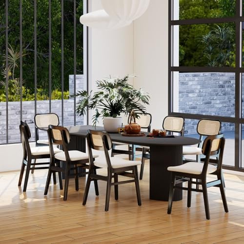 ROCITY Rattan Dining Chairs Set of 4 Black Wooden Dining Room Chairs White Fa...