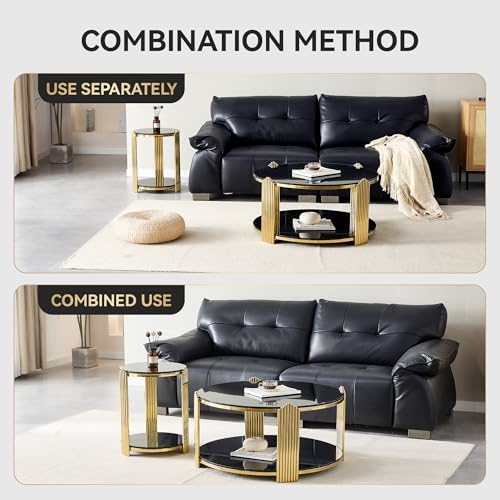 16.9'' Round Glass End Table with Gold Steel Frame, 2-Tier Sofa Side ...