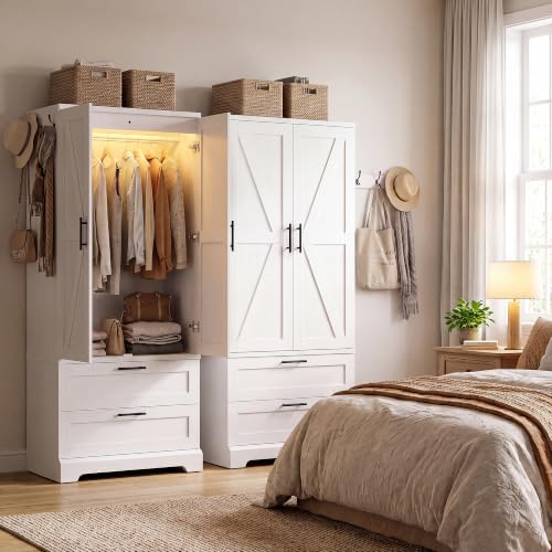 YESHOMY 70.9" Wooden Armoire Wardrobe Closet with Sensor Light(White)