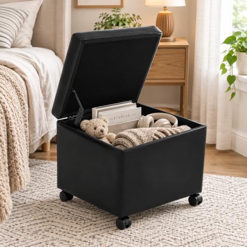 Adeco 17" Storage Ottoman Modern Tufted Faux Leather with Wheels, Black