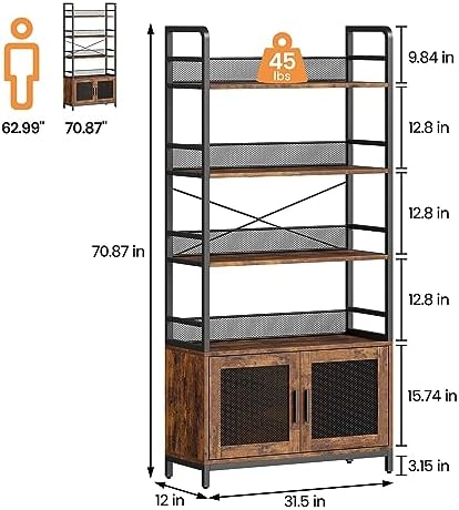 GarveeHome Bookshelf with Doors Industrial Bookcase with 4 Tiers Open Storage...
