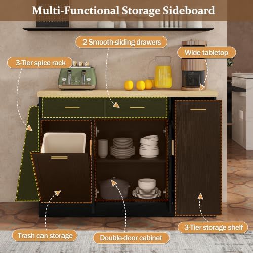 Rolling Kitchen Island with Trash Can Storage Sideboard, Black | Portable &am...