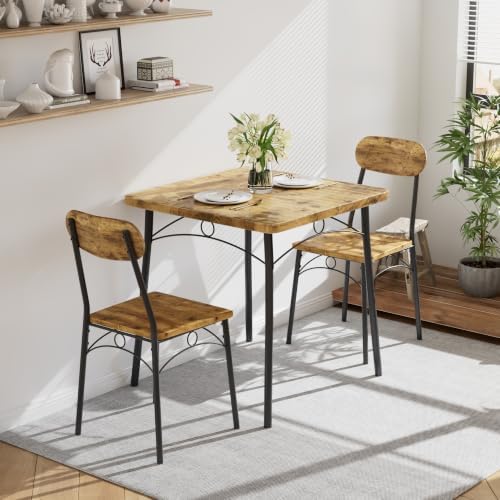 VECELO 3 Piece Small Dining Table Set for 2, Metal and Wood Square Kitchen Di...