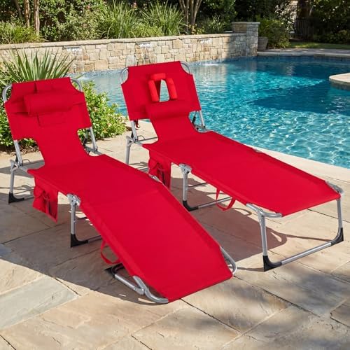 Goplus Tanning Chair, Folding Adjustable Patio Lounger w/Face Arm Holes, 4-Po...