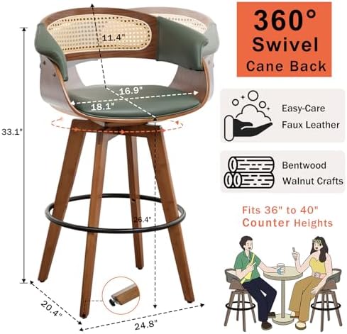 Rattan Swivel Counter Stools, Mid Century Modern Counter Stools with Back | N...