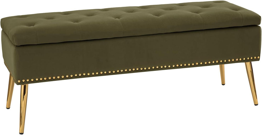 HULALA HOME Modern Velvet Storage Ottoman Bench with Gold Base & Nailhead...