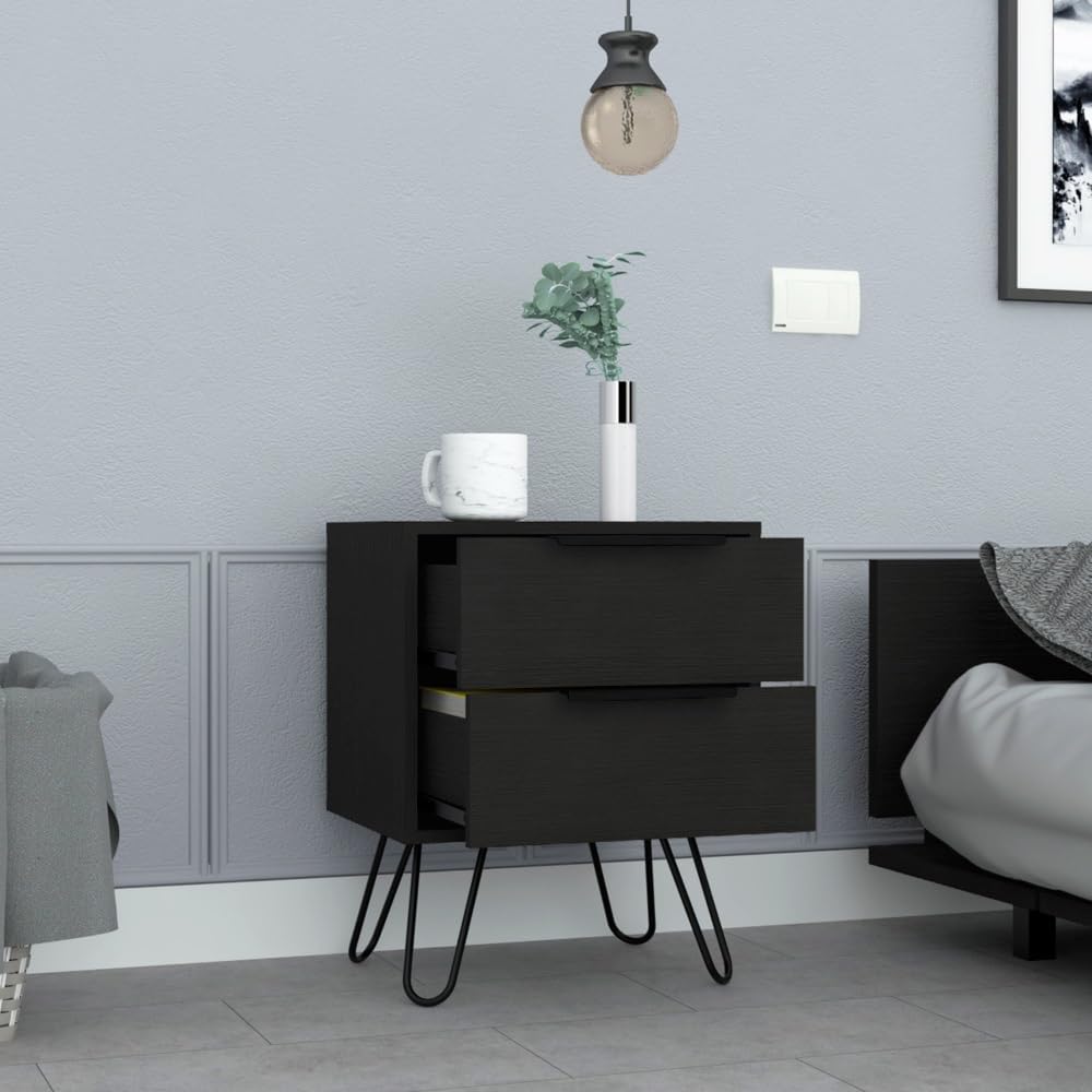 2 Nightstand, Hairpin Legs, Two Drawers, Black,for Small Spaces