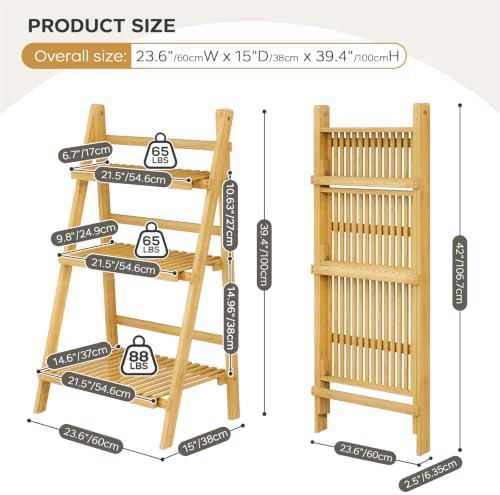 Foldable Ladder Shelf 39.4", Plant Shelf 3 Tier, Bamboo Ladder Bookshelf