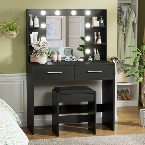 YESHOMY Vanity Desk with Mirror, Makeup Table, Pure Black | 2 Large Drawers, ...