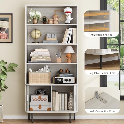 ONBRILL 71" Bookshelf with Sliding Door, Bookcase Cabinet, Natural White