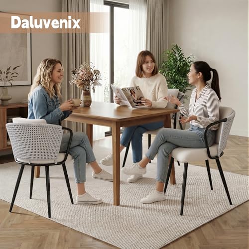 Rattan Dining Chairs Set of 4, Modern Upholstered Kitchen Chair with Metal Le...