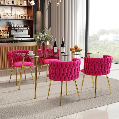 Baysitone 63" Modern Glass Dining Table with 4 Hot Pink Velvet Dining Ch...
