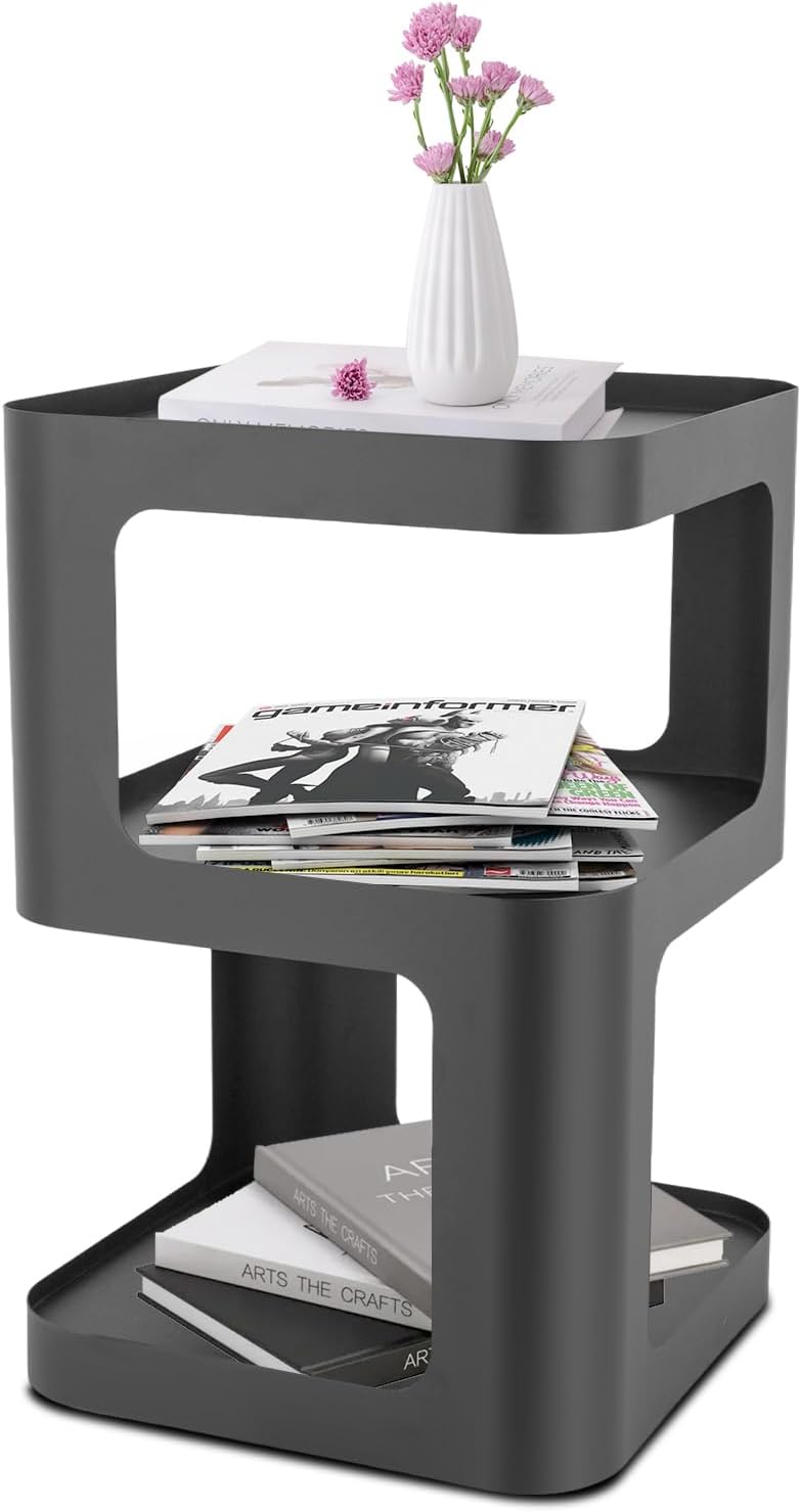 3 Tier Side Table, Black Carbon Steel End Table, Freestanding Modern Bedside ...