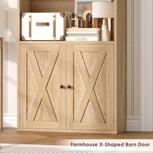 FACBOTALL 82" Tall Bookcase, Farmhouse Bookshelf with Doors,Light Oak