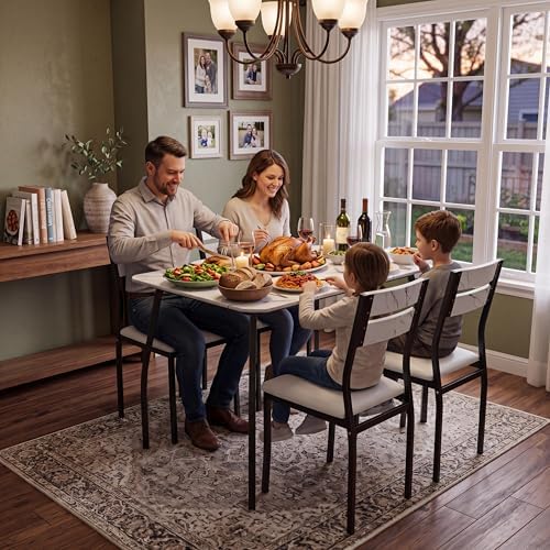 Dining Table Set for 4 Modern Kitchen Table and Chairs Set with Chamfered Edg...