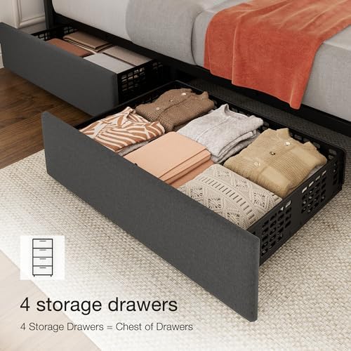 Garvee King Size Bed Frame, Linen Bedframe with 4 Storage Drawers, Grey