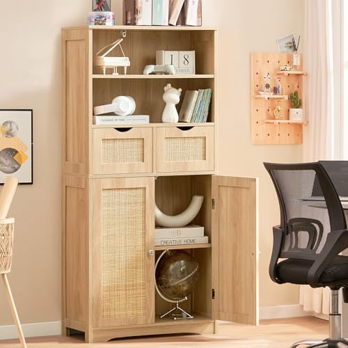 Iwell Tall Storage Cabinet, Rattan Cabinet with 2 Drawers & Adjustable Sh...