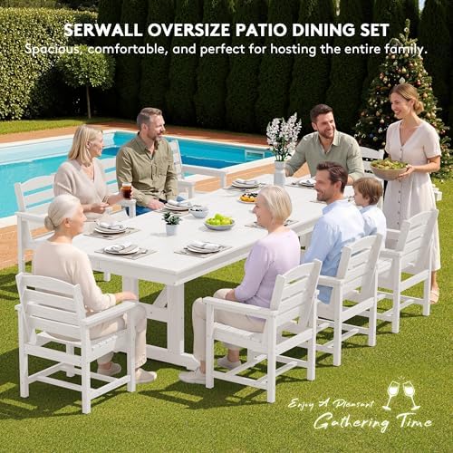 SERWALL 9Pcs 84" HDPE Outdoor Dining Set for 8 with Armchairs,White