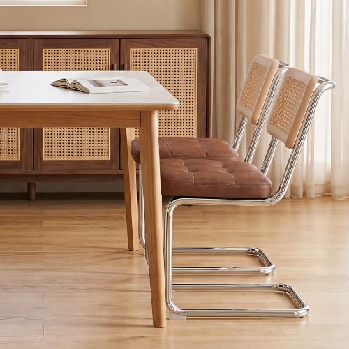 Rattan Dining Chairs, Faux Leather Dining Chairs Set of 2, Brown