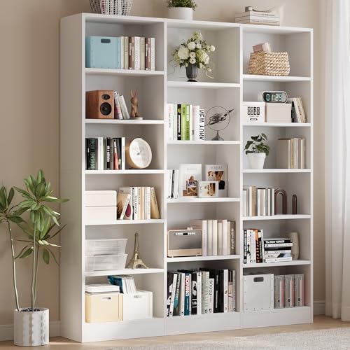 ELYKEN Triple Wide Bookshelf, Large 6 Tier Bookcase with 17 Shelves, White