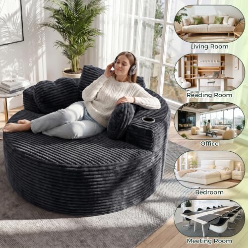 56''Oversized Round Chair Lounge Chaise Indoor with Cup Holders &...