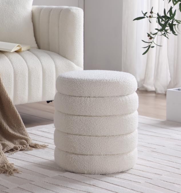 Get Set Style Modern Round Ottoman with Soft Padded Seat, Storage Vanity Chai...