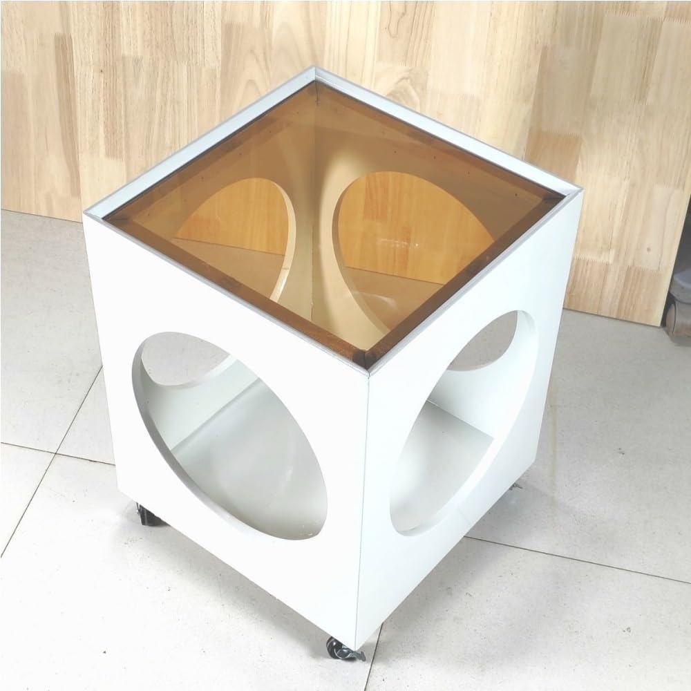 Vintage Rolling Side Table with Glass Top Wood Square Coffee Table 360° Wheel...